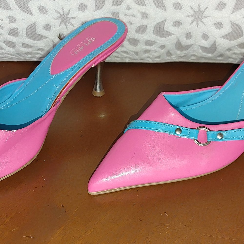 LN Hot Pink Mules, blue accents, silver heel, 8.5